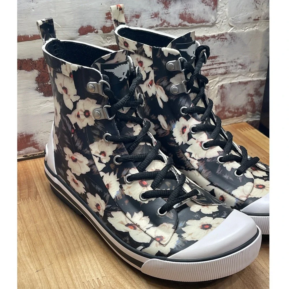 Rocket Dog Floral Rain Boots Black White High Top Sneaker Boot Women 8.5